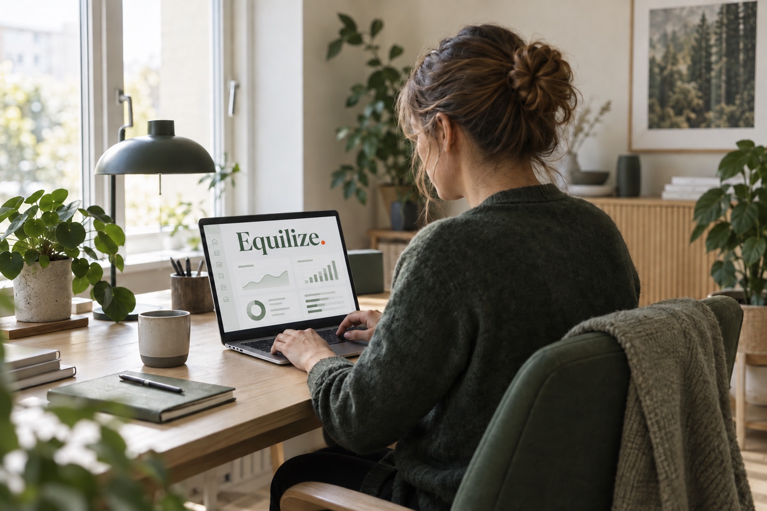 AI illustration: a person working at a computer featuring the Equilize. brand. The screen is a concept view.
